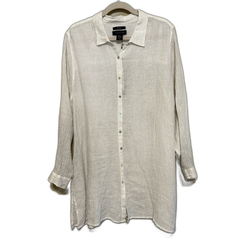NWT Tahari 100% Linen Button Up Tunic Top Womens 2X White Crinkle Gauze Coastal